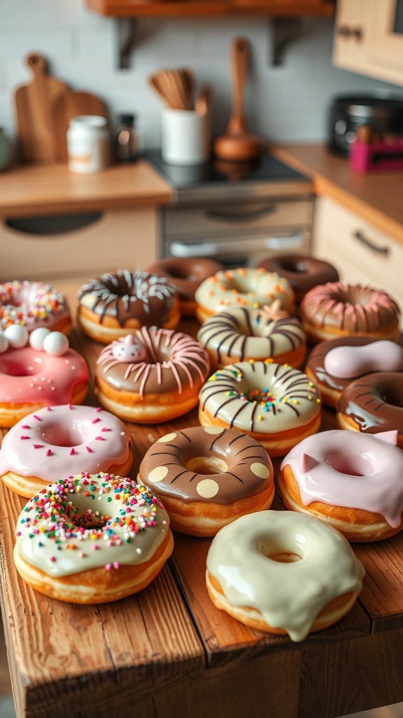 A variety of creatively decorated donuts with colorful sprinkles, chocolate glaze, and unique shapes on a wooden table.